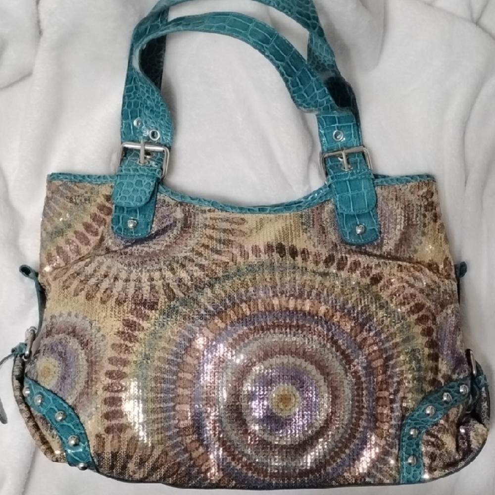 Alba Turquoise-Trim Multicolor Sequin Circle-Pattern Shoulder Bag